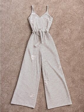 Monteau Black & White Striped Wide Leg Jumpsuit Tie Waist Sleeveless Casual Chic